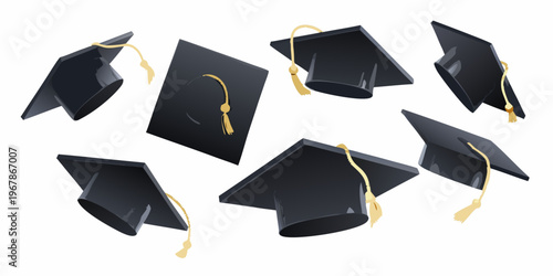 Several black graduation caps float in a celebratory arrangement