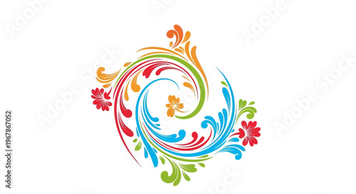 Colorful Swirl Floral Design with Abstract Elements and Flowers on White Background
