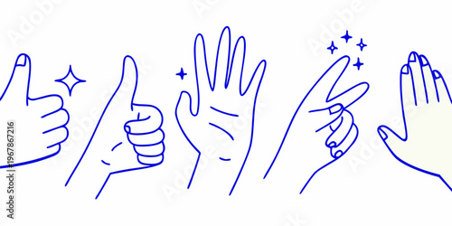 Various hand gestures depicted in a simple blue line drawing style