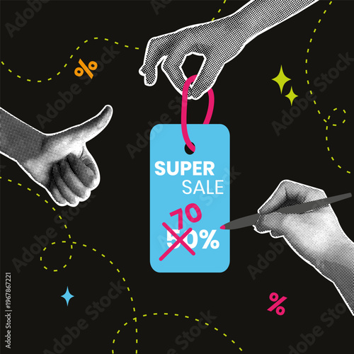 Image of hands with discount coupon and increasing discount. Trendy halftone collage. Trendy retro collage from 80s with SALE theme for design. Trendy modern retro illustration in mixed technique. 