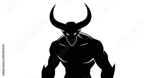 Dark Silhouette of a Muscular Demon with Horns and Glowing Eyes