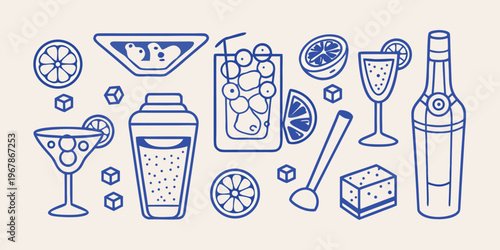 A collection of blue line art illustrations depicting various cocktail elements
