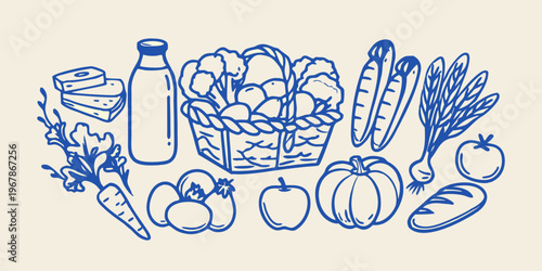 A blue line drawing depicts a variety of fresh produce in a still life