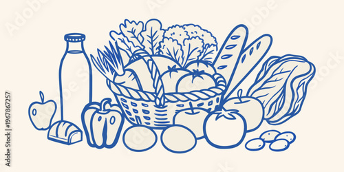 A blue line drawing depicts a basket overflowing with fresh produce