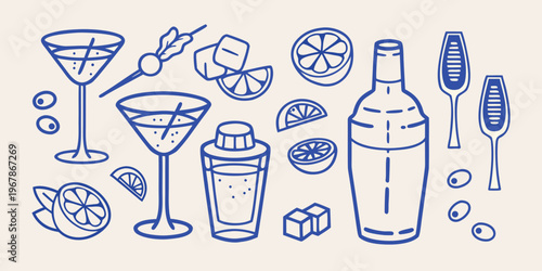 Blue line art illustration of various cocktails glasses and bar accessories