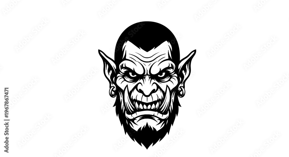Obraz premium Fierce Orc Face Illustration, Fantasy Monster Head with Fangs and Beard