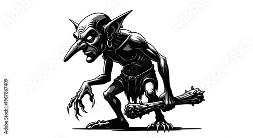Fantasy Creature Goblin Warrior Holding Club - B&W Illustration