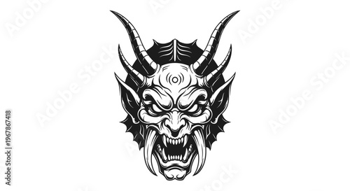 Fierce Demon Face Illustration - Scary Monster Head with Horns