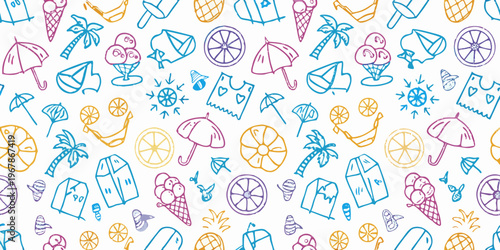 Colorful summer doodles featuring ice cream fruit and beach elements