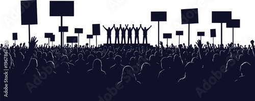 Crowd of People Protesting with Banners and Leaders on Stage Silhouette Vector Illustration of Political Rally and Revolution