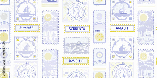 Vintage style postage stamps featuring italian coastal towns and portraits