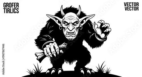 Fierce Goblin Monster Holding Bone, Scary Fantasy Creature Illustration