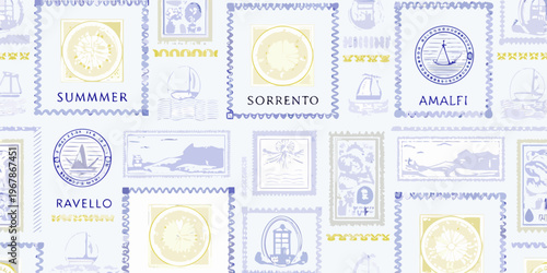 Vintage style postage stamps with coastal and nautical imagery repeat