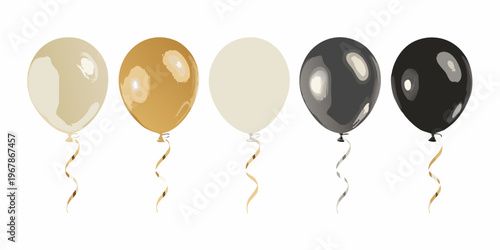 A row of five colorful balloons in varying shades against a white background