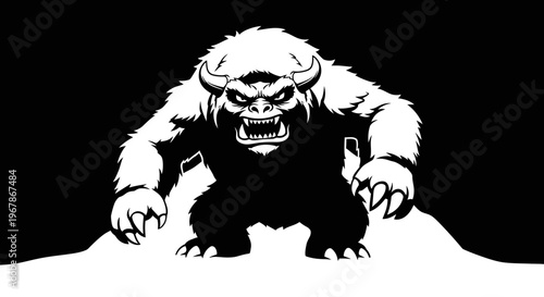 Fierce Snow Monster with Horns and Claws on Dark Background