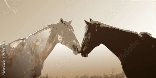 Two horses facing each other in a stylized monochromatic illustration
