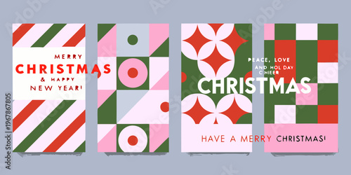 Colorful christmas card designs featuring geometric patterns and festive greetings