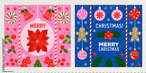 Festive christmas cards with ornaments flowers and gingerbread men designs