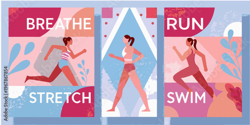 Fitness illustration showcasing running stretching swimming and mindful breathing