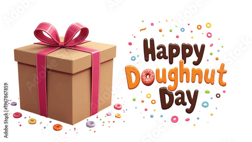 Gift box, Happy Doughnut Day, colorful confetti, donuts, celebration