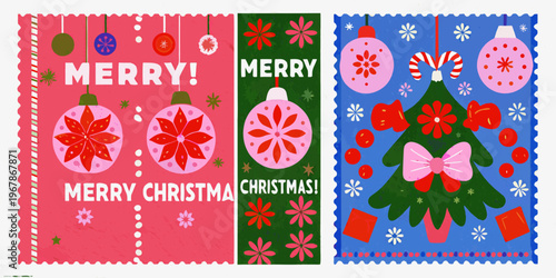 Festive christmas cards with ornaments trees and cheerful greetings