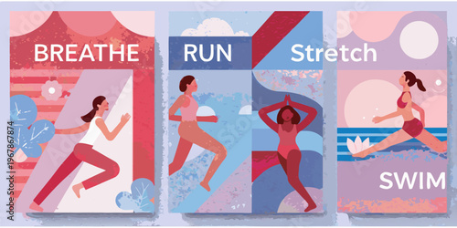 Colorful illustrations promoting fitness activities breathe run stretch and swim