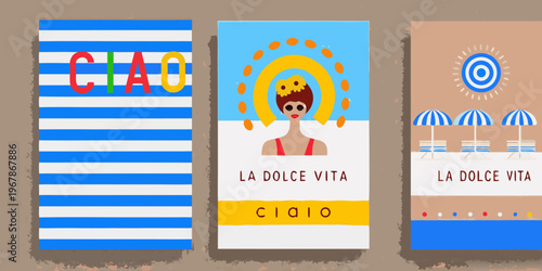 Colorful italian themed illustrations with typography and scenic elements