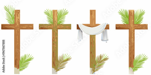 Four wooden crosses with palm leaves and a white garment displayed