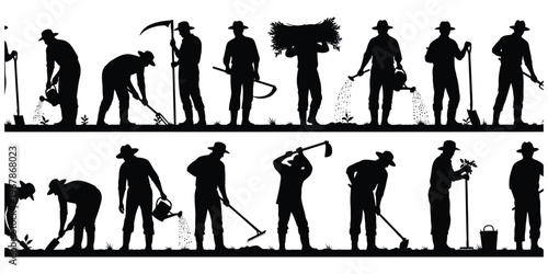 Collection of detailed vector silhouettes depicting farmers and agricultural laborers engaged in various traditional farm activities, highlighting rural work and cultivation processes