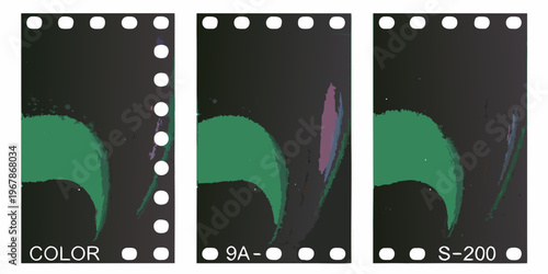 Three frames of film strip displaying color gradients and abstract shapes
