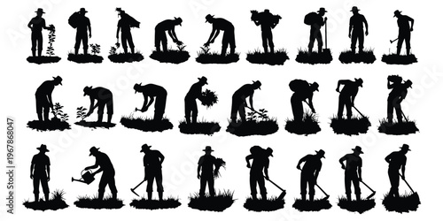 Silhouettes of gardeners and farmers engaged in various agricultural and horticultural tasks, showcasing hard work, cultivation, and connection with nature in outdoor settings