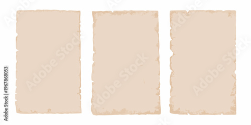 Three rectangular aged paper banners with textured edges displayed vertically