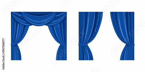 Three arrangements of royal blue drapes with decorative folds and ties