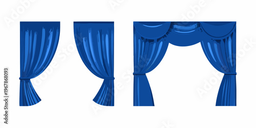 Three illustrations of blue curtains with varying styles and arrangements