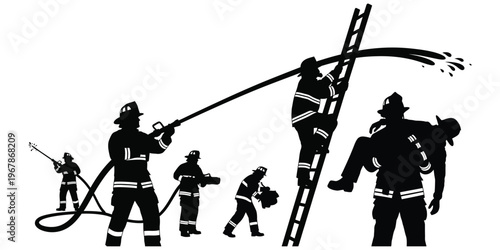 Silhouettes of firefighters battling a blaze, with one carrying a person to safety