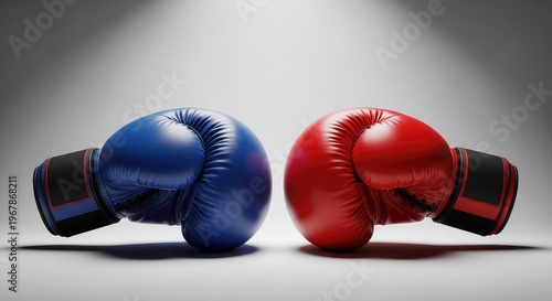 Two boxing gloves in blue and red face each other in a dramatic standoff, symbolizing a powerful international economic rivalry and clash, lighting, boxing gloves, sport