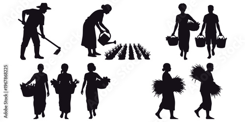 Silhouettes of Farmers and Villagers Engaged in Agricultural Activities, Including Planting, Watering, and Harvesting Crops, Representing Rural Labor and Sustainable Farming Practices