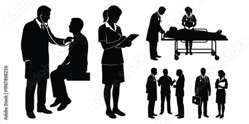 Medical professionals collaborating and treating patients in various healthcare scenarios, showcasing teamwork and patient care