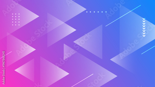 Dynamic gradient background from blue to magenta featuring overlapping geometric triangles and creative graphic details