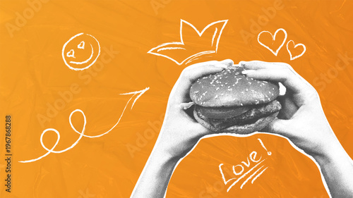 Burger Love. A burger with hand-drawn doodles. A trendy halftone collage. Monochrome elements. Creative design. Food concept, menu template for restaurants, cafes, and delivery. Vector illustration