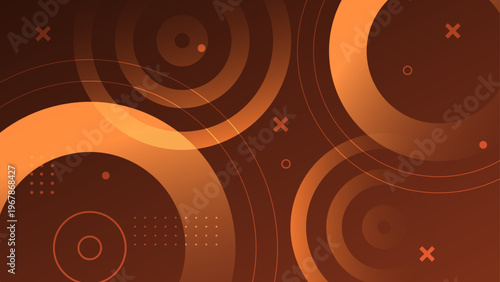 Warm orange and brown gradient background featuring concentric circles and geometric symbols for retro and modern fusion