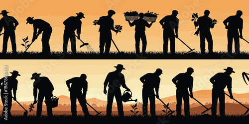 Silhouette illustrations of people working in a garden, planting and watering plants, depicting agricultural activities and outdoor lifestyle