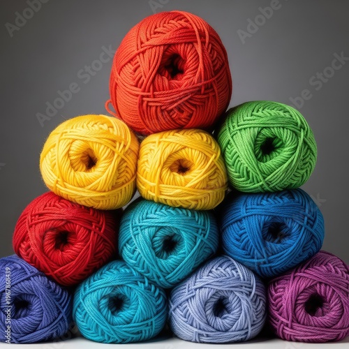 Vibrant assortment of multicolored yarn balls stacked neatly for knitting projects, featuring soft wool textures in bright rainbow shades, heap, palette, vibrant