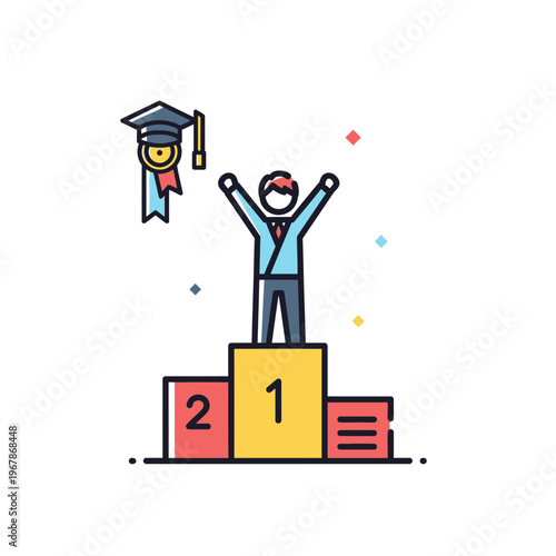 Clean line vector icon of a triumphant graduate on a victory podium achieving success