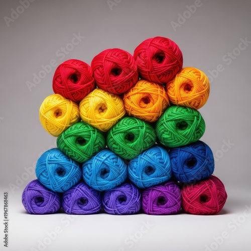 Vibrant assortment of multicolored yarn balls stacked neatly for knitting projects, featuring soft wool textures in bright rainbow shades, orange, blue, knitting