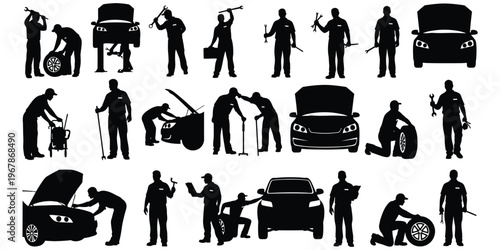 Comprehensive collection of auto mechanic silhouettes depicting various service, repair, and maintenance tasks on vehicles, perfect for automotive industry concepts
