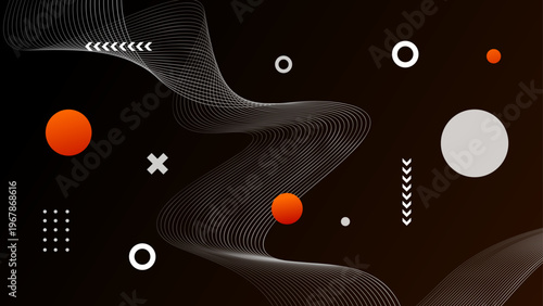 Moody dark background with white wavy lines and vibrant orange circles for a high contrast creative design aesthetic