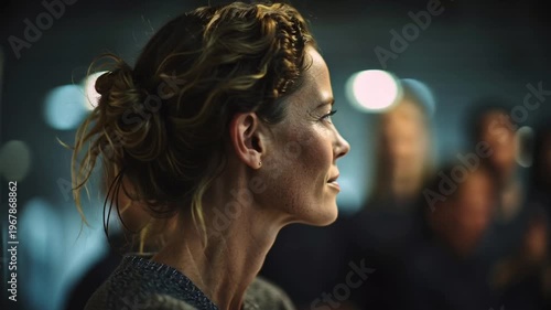 Woman looking ahead with focused expression.