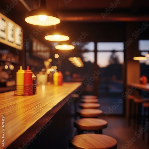 Warm golden light illuminates a blurred burger shop interior with glowing lamps, wooden counters, and a cozy evening atmosphere inside, abstract, atmosphere, rustic