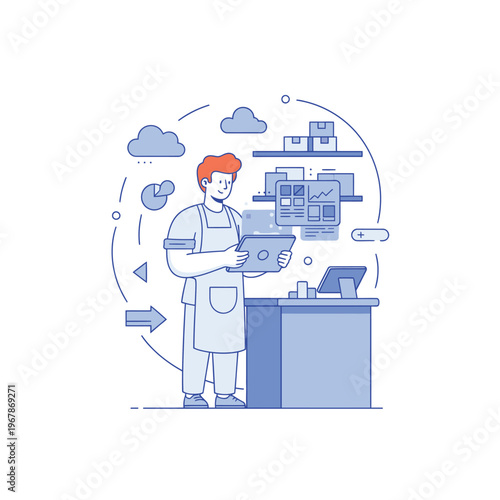 Man in Apron Holding Tablet in Retail Store.